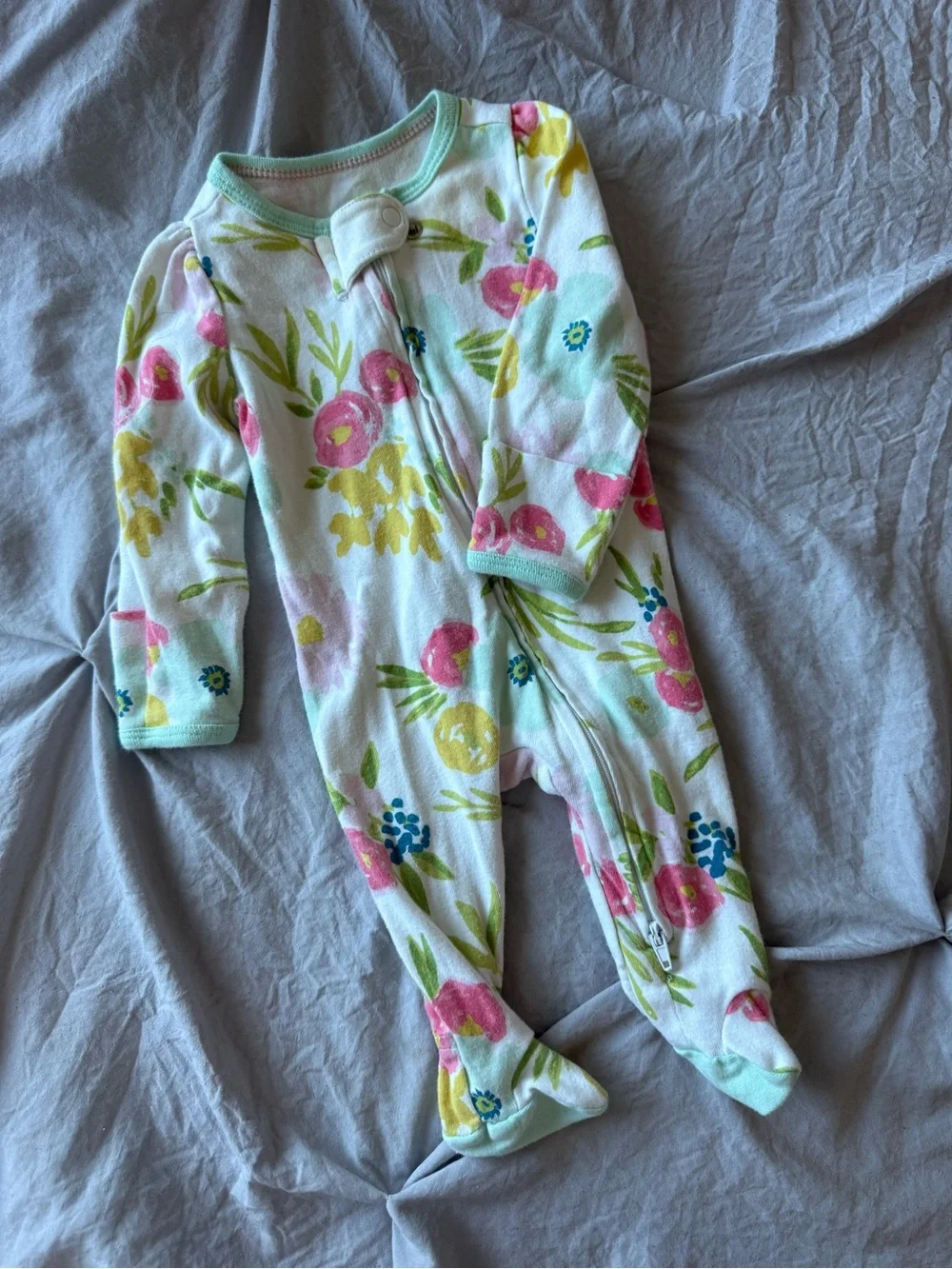 cloud island Floral Footed Pajamas - White with Pink & Yellow Flowers